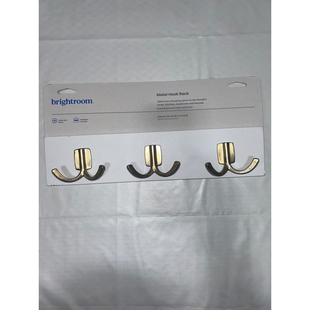 Brightroom Metal Hook Rack Brushed Gold Matte White 3 Double Hooks 13.5in NWT
